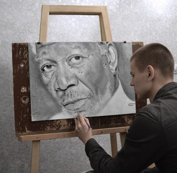 Morgan Freeman in pencil! - My, Morgan Freeman, Portrait, Work, Portraits of people, Portrait by photo, Belgorod, Charcoal, Hyperrealism