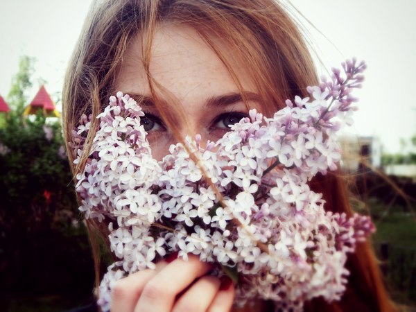 Smells very tasty! - Spring, Lilac, Beautiful girl, Nature