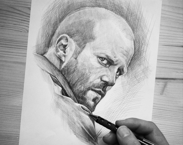 Parker. - My, Pencil drawing, Portrait, Jason Statham