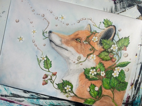 Fox with strawberries - My, Strawberry (plant), Creation, Strawberry, Fox, Drawing