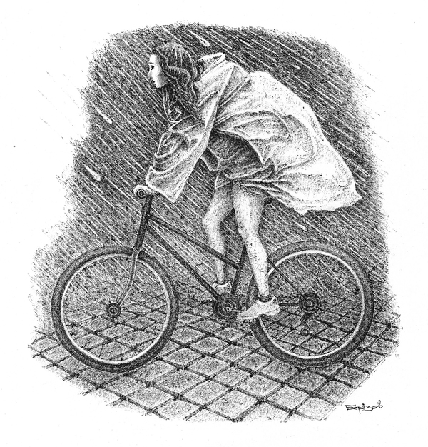 Dedicated to spring cyclists... - My, Gel pen, Art, Cyclist, Illustrations, Monochrome, A bike, Rain, 