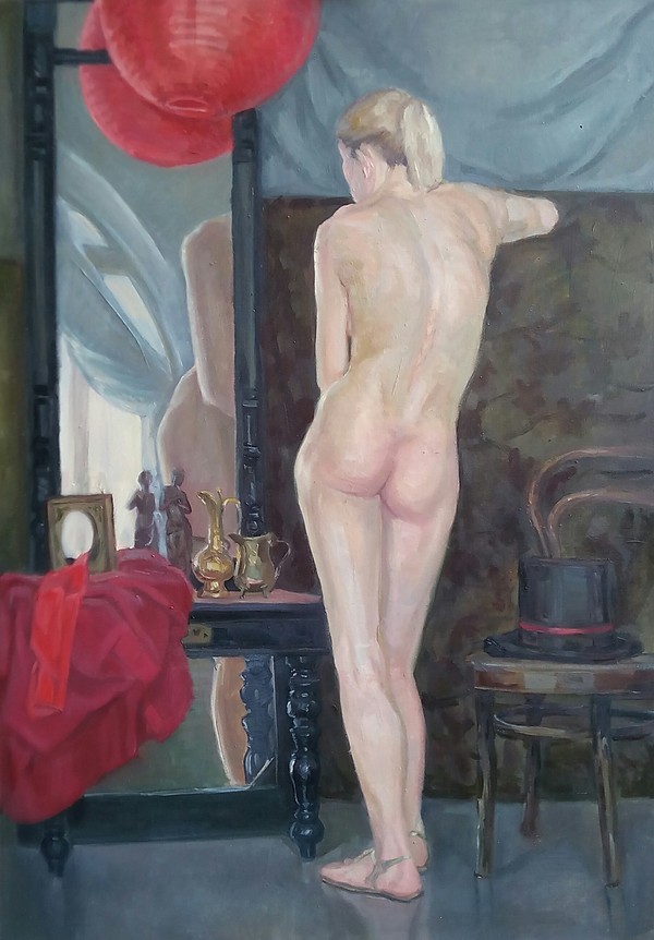 Girl in front of a mirror - NSFW, My, Painting, Butter, Canvas, Beautiful girl, Nudity, Sokano