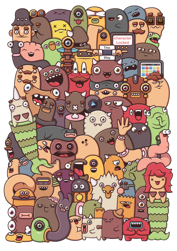 Third doodle for #10WeeksOfDoodle! - My, Art, Doodle, Characters (edit), Vector, Monster, Mermaid, Poster, Collage, Longpost
