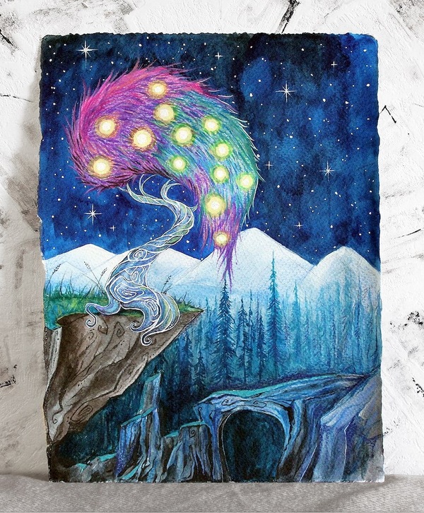 magic tree - My, Watercolor, Painting, Art, Tree, The mountains, Landscape, Night, Fantasy, Longpost
