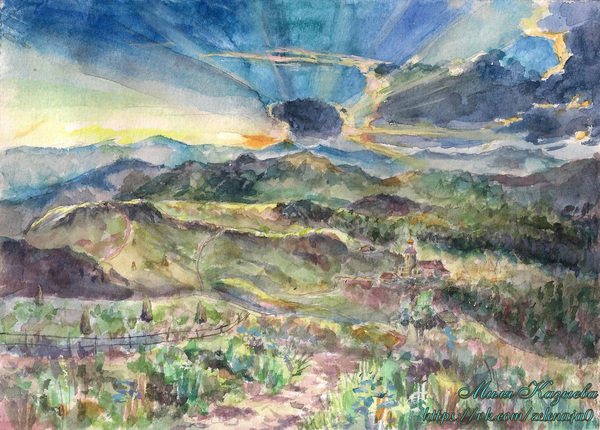 watercolor - My, Landscape, Watercolor, Paper, The mountains, With your own hands, Nature, Art, Beautiful view