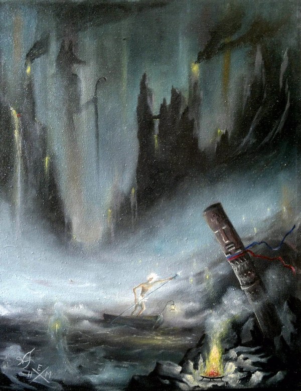 Styx (River of the Dead) - My, Oil painting, League of Artists, Self-taught, Another world, Charon, Soul, Anubis, River, Artist