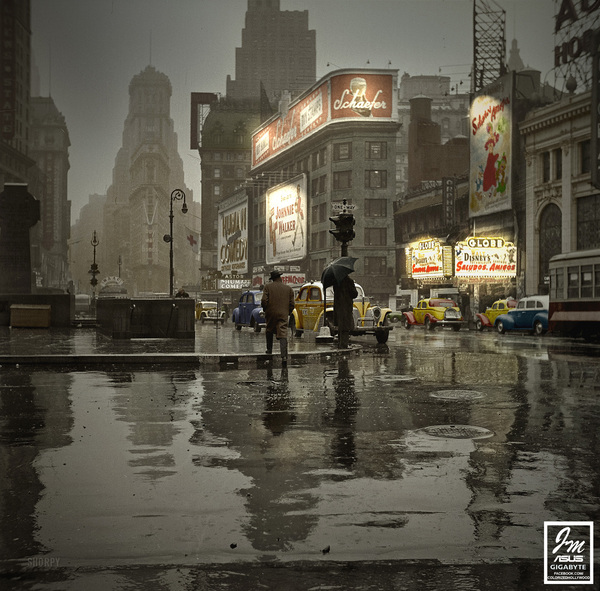 В дождливый день на Таймс-сквер. Нью-Йорк, март 1943. John Vachon - Times Square, Дождь