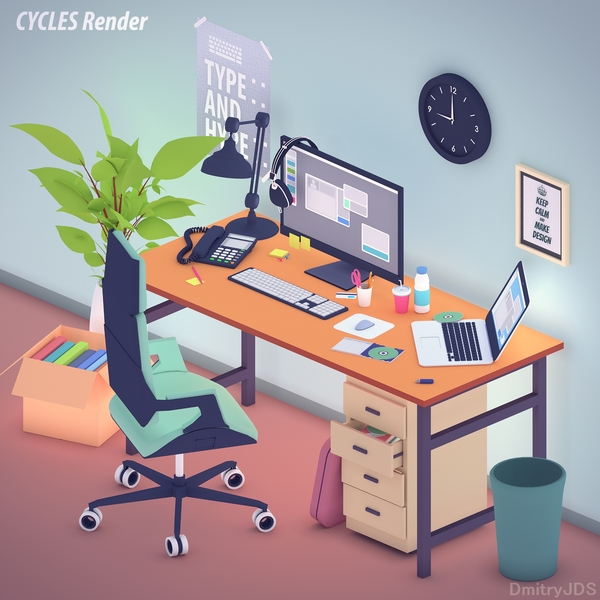 Office workstation in flat colors Blender, Cycles, Vray, 3D , , , 3ds Max
