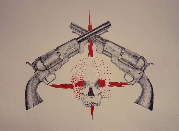 Duel dotwork - My, Dotwork, Liner, Creation, My, Scull, Pistols, Duel, Graphics