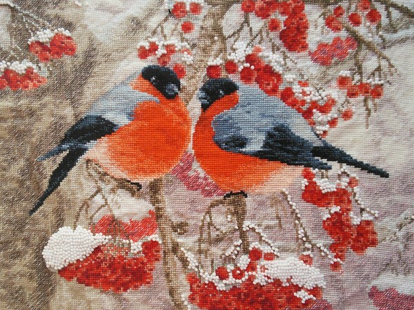 Bullfinches - My, Cross-stitch, Beads, Bullfinches