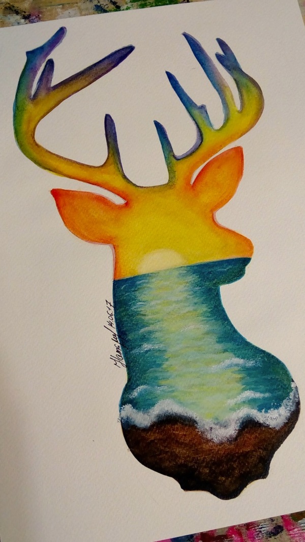 Deer and sea - My, Deer, Silhouette, Sea, Drawing, Art, Watercolor, Deer