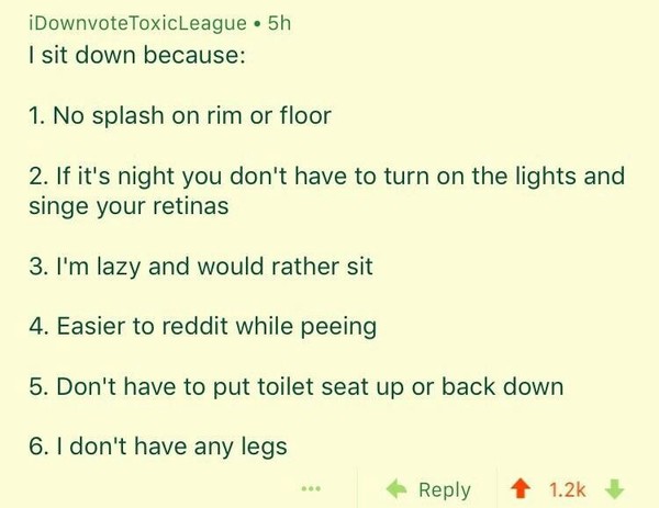 Reddit user explains why he pee sitting.. - Reddit, Toilet