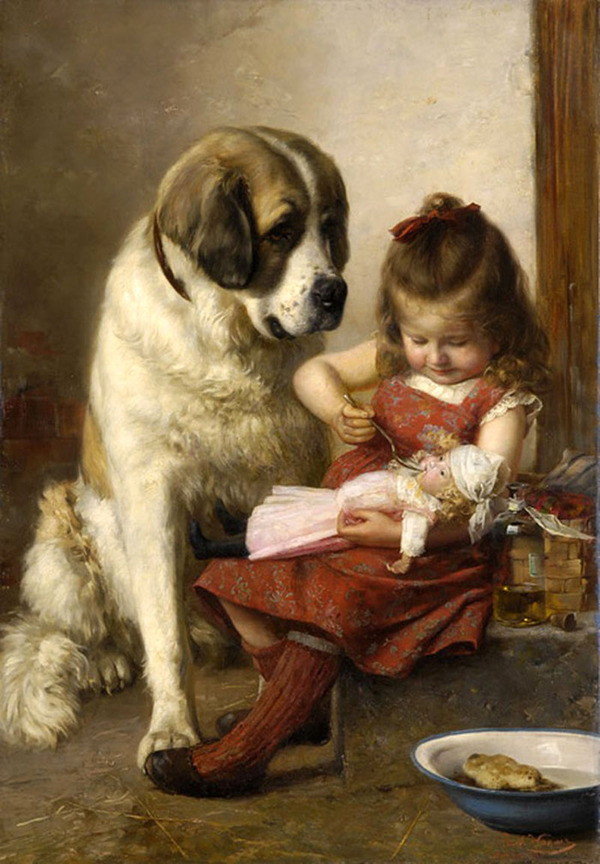 Best friends. - Dog, Girl, Doll, Dinner, Painting, Art