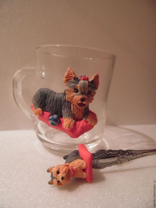 Mug and spoon with yorkie - My, Кружки, Polymer clay, Dog, Yorkshire Terrier