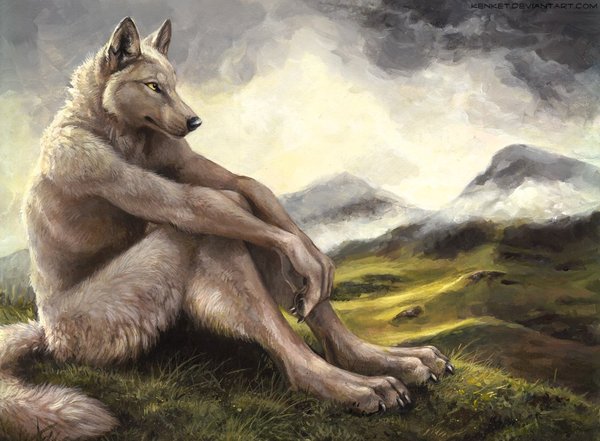 pensive wolf - Furry, Anthro, Art, Wolf, Kenket