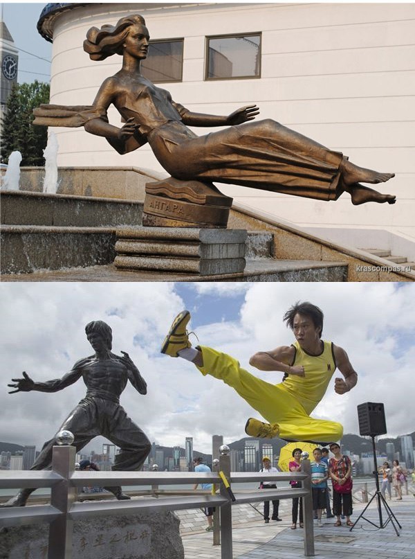 These ladies always had fun in the fountain Rivers of Siberia on the Theater Square in Krasnoyarsk) - My, Krasnoyarsk, Fountain, Bruce Lee, Sculpture