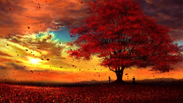 Autumn - Art, Tree, Wind, Leaves, Field, Girls, Sky