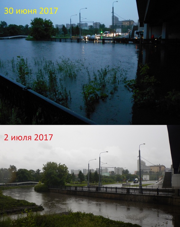 Сравнение уровней воды в Яузе - обычного и после сильного дождя 30 июня 2017 года - Моё, Москва, Дождь, Фотография, Природа, Коллаж, Яуза, Река, Сравнение, Длиннопост