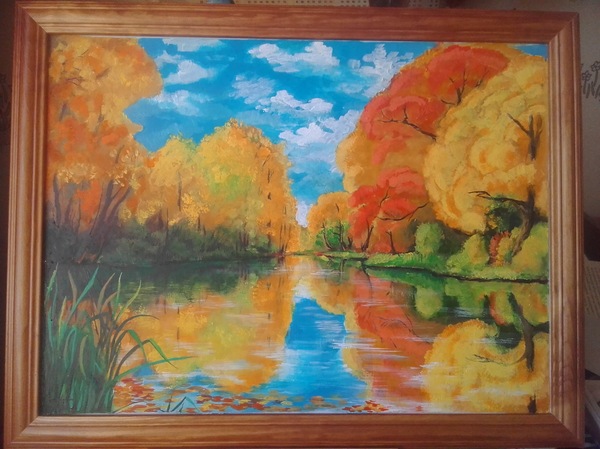 Golden autumn - My, Acrylic, Painting, Autumn, Reflection, Water, Creation