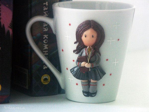 Mug for true Potter fans - My, Harry Potter, Hermione, Polymer clay, Mug with decor, Longpost
