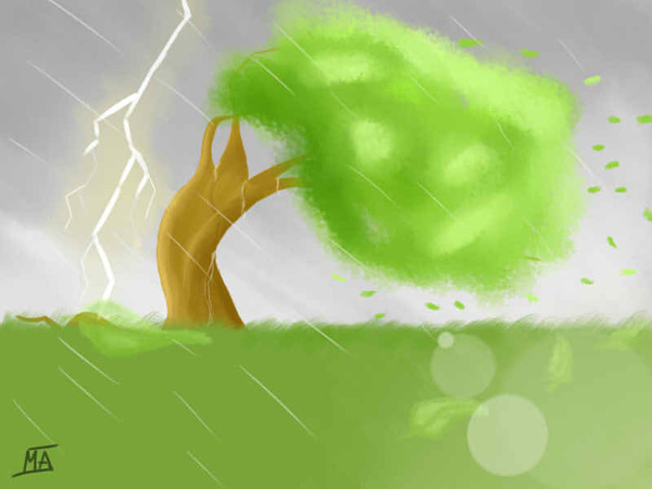 It conveys the atmosphere of our village. - My, Tree, Lightning, Drawing, Field, Rain