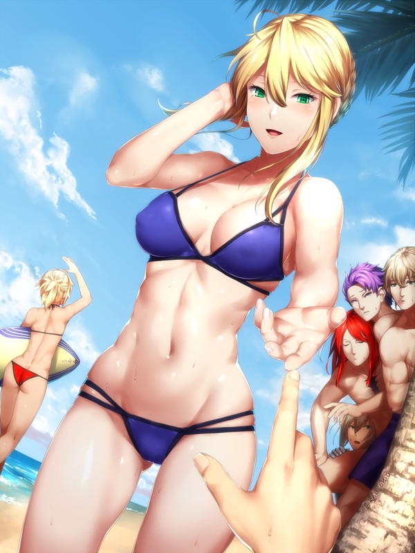 Anime art - NSFW, Anime Art, Аниме, Fate Apocrypha, Fate Grand Order, Artoria pendragon lancer, Mordred, Купальник