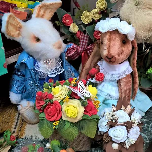 My bunnies in the window of a handmade store - My, Needlework, Needlework without process, Teddy's friends, Rabbit, Teddy hare