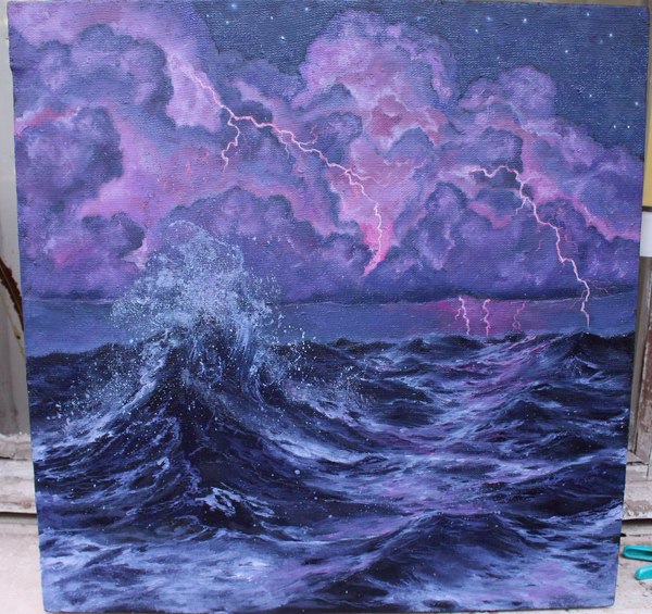 night storm - My, Painting, Oil painting, Sea, Night, Storm, Thunderstorm