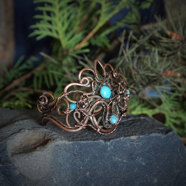 Copper bracelet Blue Lagoon (copper, turkvenite), made to order. - My, Blue Lagoon, A bracelet, Handmade, Needlework without process, With your own hands, My