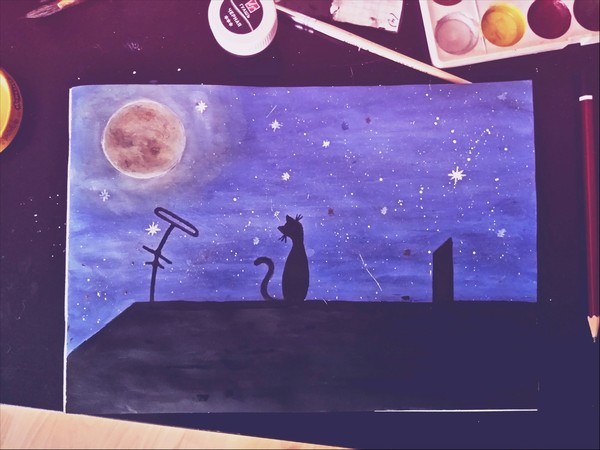 Rooftop kitty. - My, Drawing, Black cat, Night, Starry sky