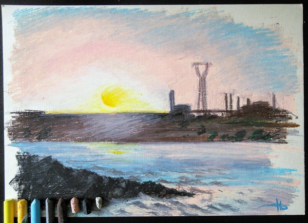 oil pastel - My, Oil pastel, Volga river, Sunset, Creation