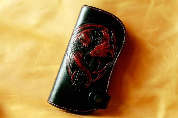 Large biker purse Dragon and Celtic cross. - My, Needlework with process, Leather, Embossing on leather, Wallet, , Longpost, The Dragon