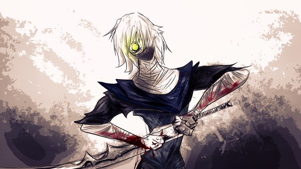 one-eyed - My, Swordsman, Anime, Sword, Blood, Long hair, Demon, Armor, Fog