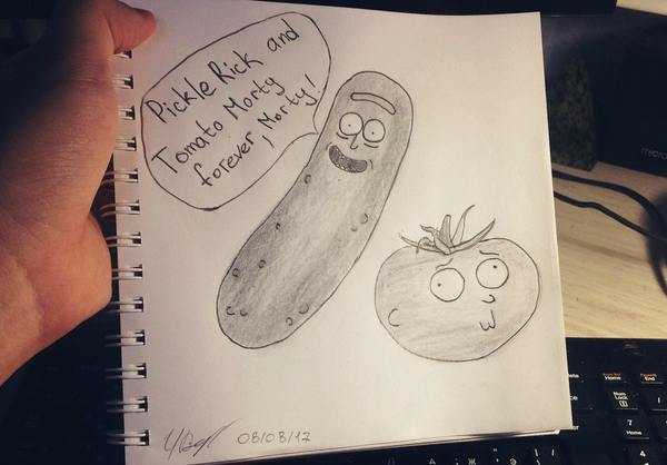 Pickle Rick and Tomato Morty forever! - My, Rick and Morty, Painting, Pencil drawing, My