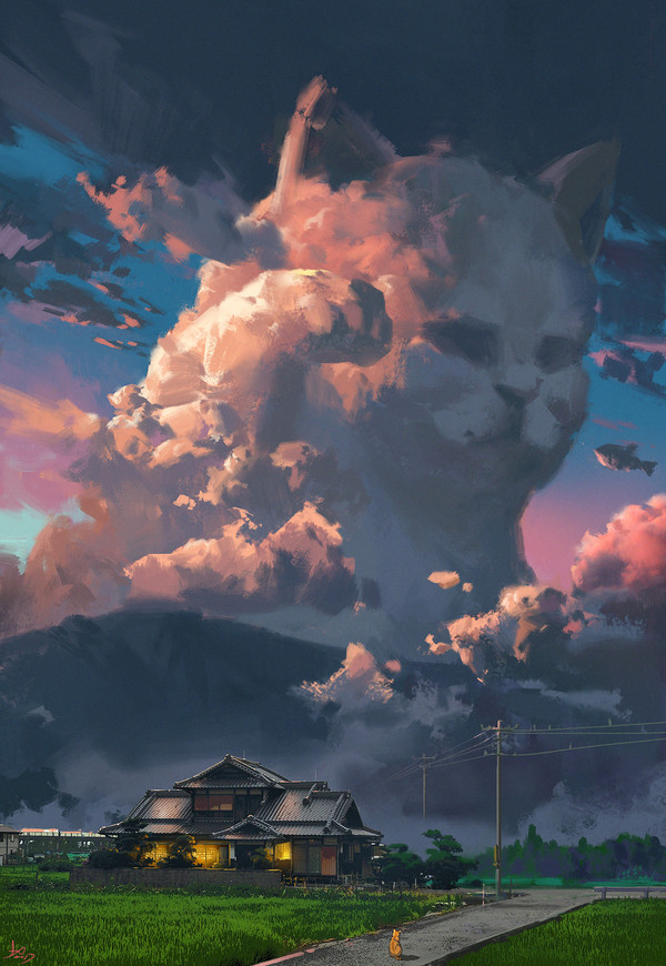 I'll catch for you. - Clouds, cat, 2D, House, Road, A fish, Art
