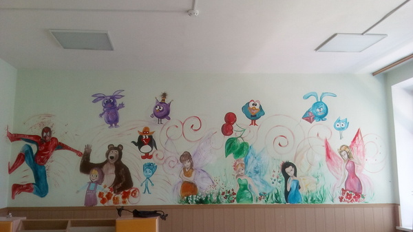 Wall decoration in kindergarten. They asked for it. I had to sculpt in porridge - Acrylic, My, Wall painting, Drawing on the wall