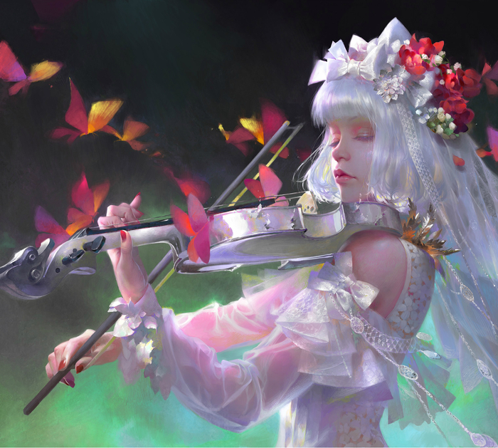 Live music. - Girls, Violin, Music, Butterfly, 2D, Art