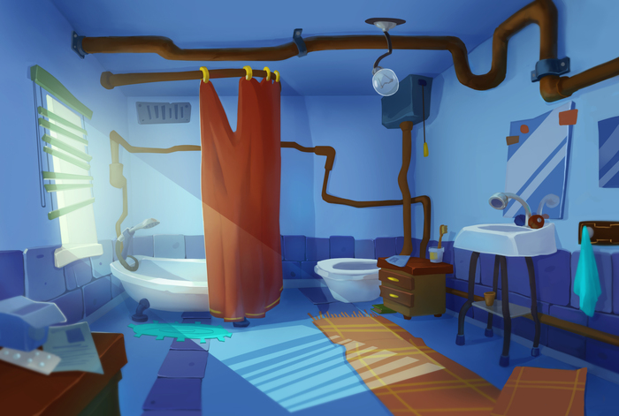 Bathroom - My, Art, Interior, Bathroom, Cartoons, Milota, Blue, Light, Style