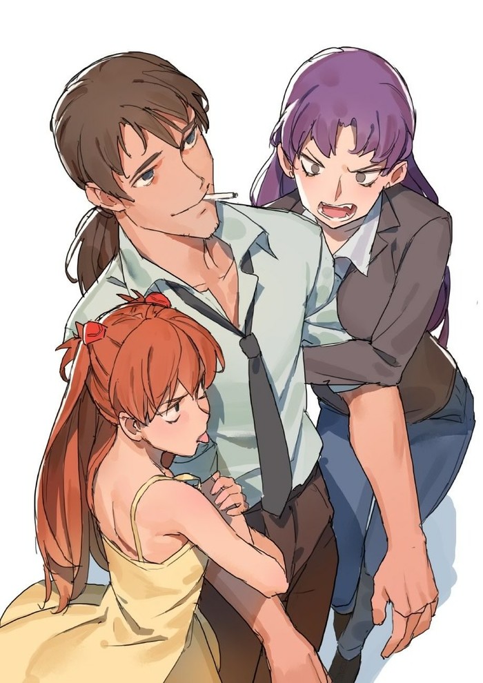 Evangelion Evangelion, Misato Katsuragi, Asuka Langley, Ryoji Kaji, Anime Art, 