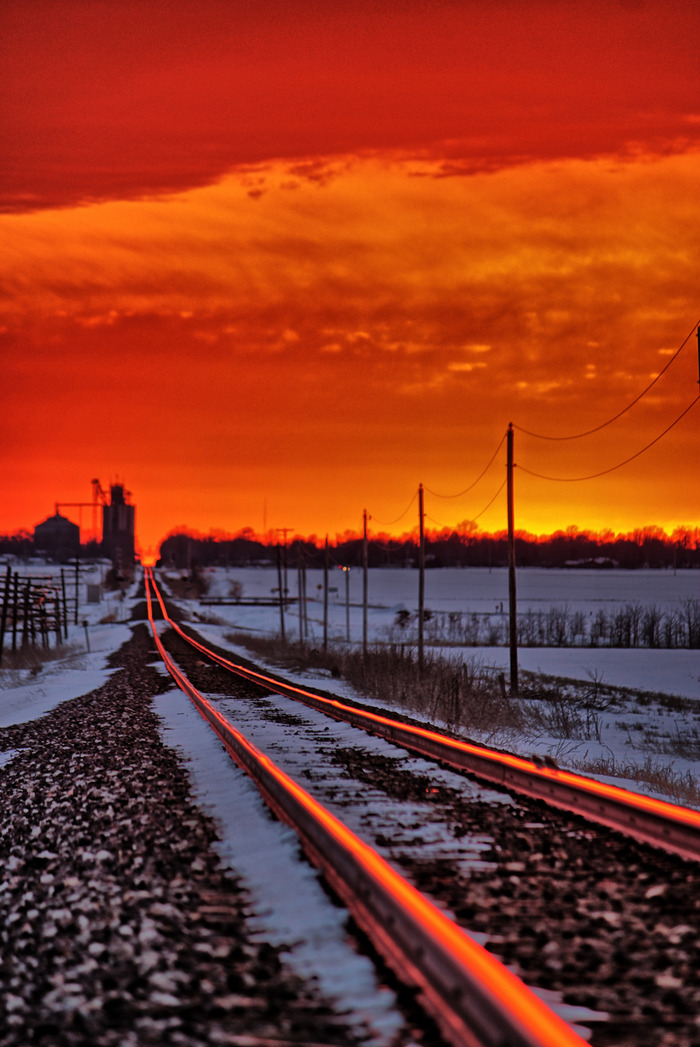 Red branch. - Sunset, Sky, Color, Rails, Clouds, The photo