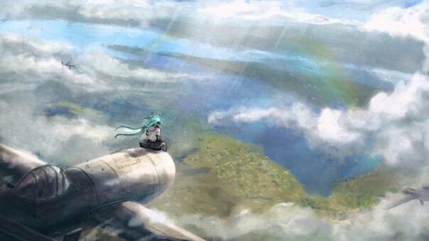 Over the dark water and over the rice field, a plane flies over us... - Endless summer, Visual novel, Art, Hatsune Miku