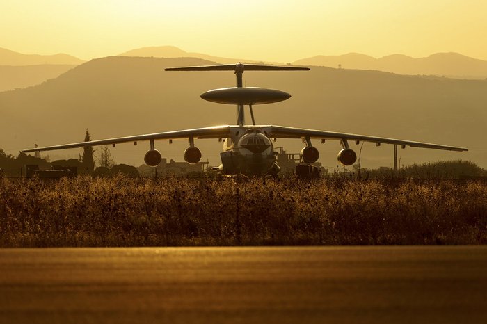 An A-50 early warning and guidance aircraft at the Khmeimim airbase parking lot is preparing for takeoff - Basil Al-Assad Airport, Khmeimim, A-50, Aviation, War in Syria, Syria, Russia, Politics