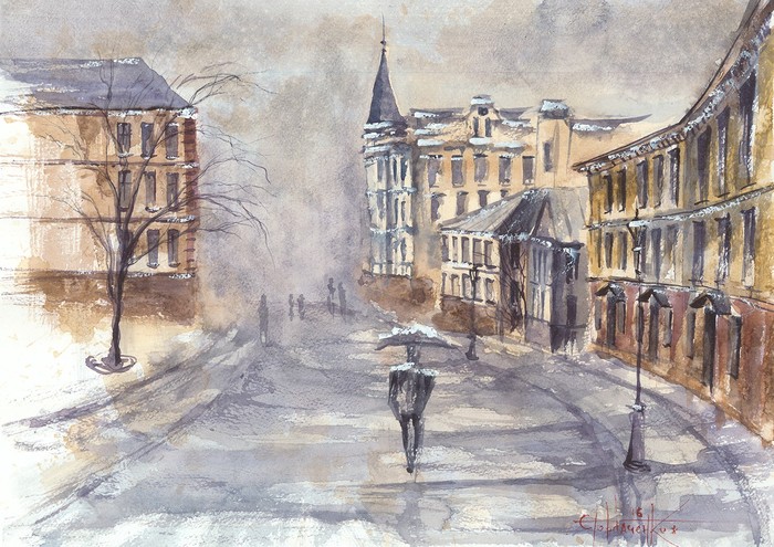 Andrew's Descent - My, Watercolor, Painting, Painting, Kiev, Andrew's Descent, Rain, Drawing, Art