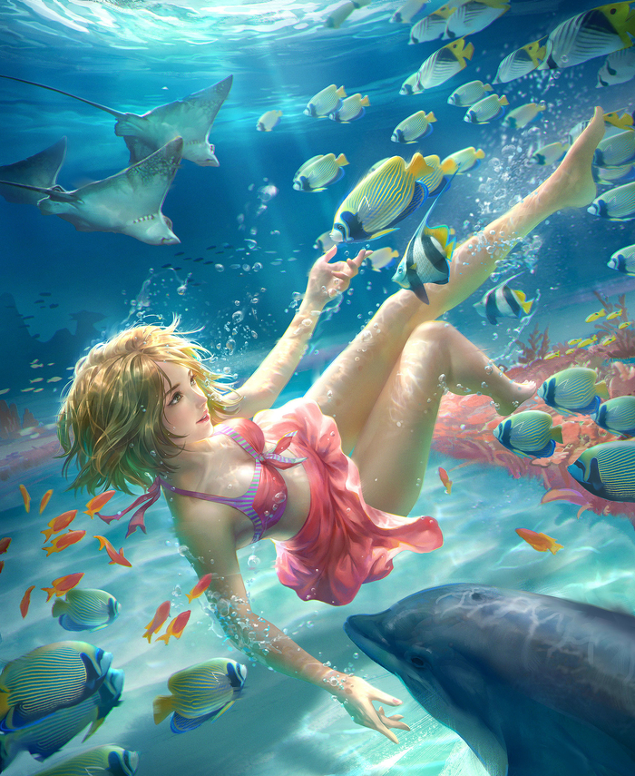 Warm flow. - Ocean, Girls, A fish, Dolphin, Swimming, Art, 2D