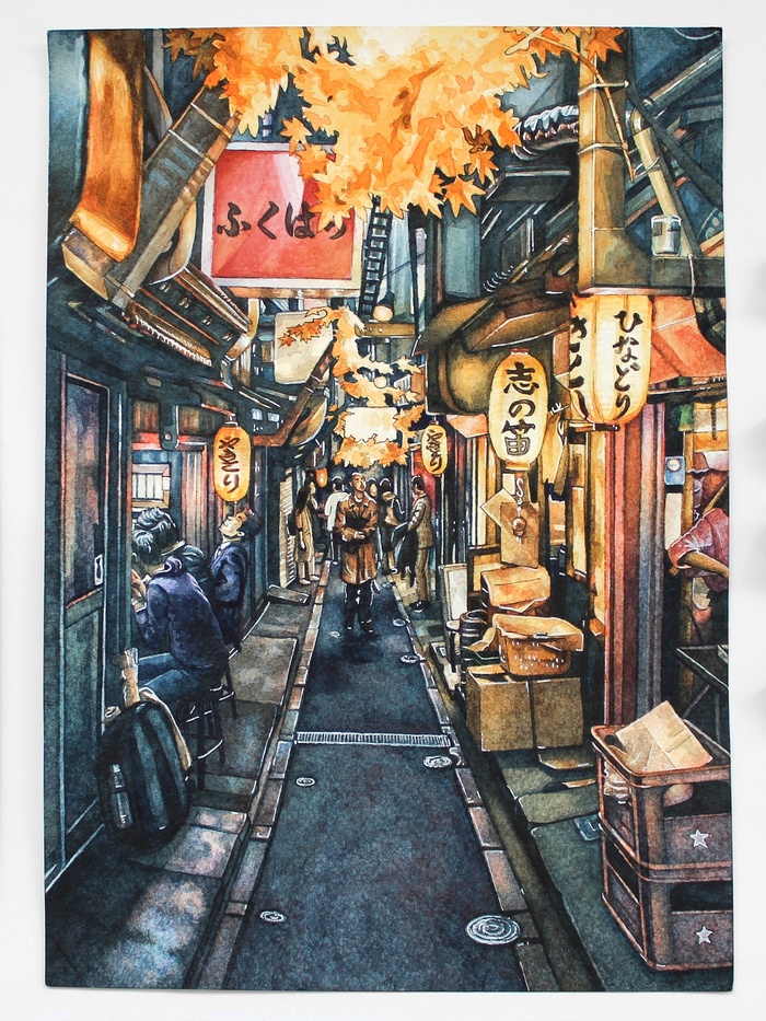 Atmospheric Japan - The street, Drawing, Japan, My, Tokyo, Watercolor