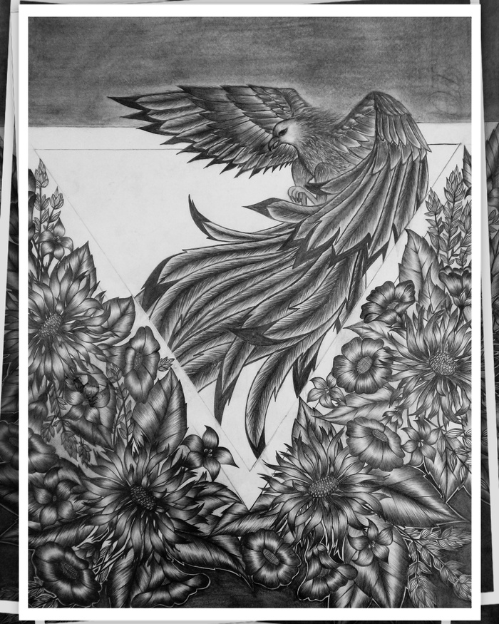 Finish) - My, Eagle, Flowers, Flower, Black and white, Pencil drawing, Drawing, Patterns