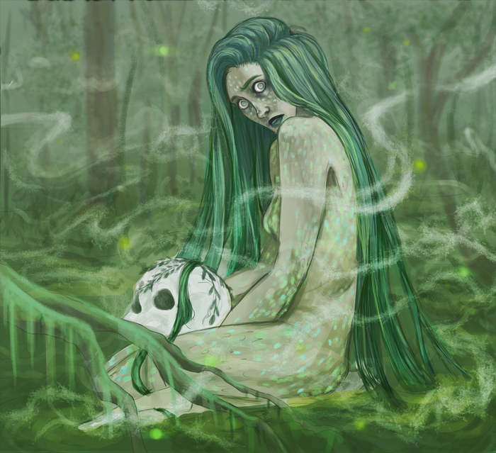 swamp keeper - My, Art, Digital drawing, Mythology, Mystic, Green, Scull, Swamp
