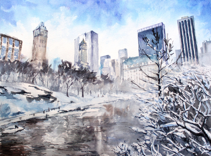 Winter in the big city. Part 1 - My, Winter, Snow, Town, Landscape, Drawing, Watercolor, Painting