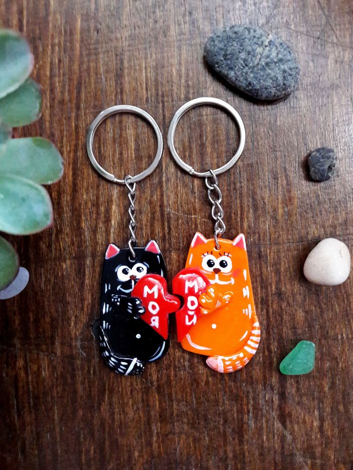 Pair keychain for lovers made of polymer clay - My, Polymer clay, With your own hands, Needlework, Love, Milota, cat, Acrylic, Handmade, Longpost