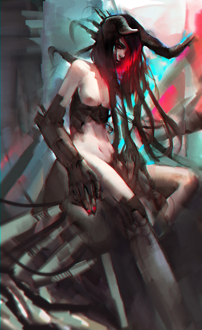 Demoness (my drawing) - NSFW, My, Art, Images, Cyberpunk, Kripota, 2D, Digital drawing, Sketch